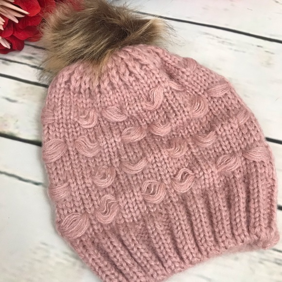 Baby/Toddler Pink Knit Beanie with Fur Pom Pom - Picture 5 of 6